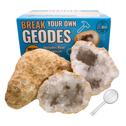 TruEnergy Jumbo Break Your Own Geodes – 2 Massive Natural Crystal Geodes 4.5 to 6.5 Inch, Easy Crack-Open Geology Specimens – Magnifying Glass & Geologist Guide – Gift Ready - [Jumbo]