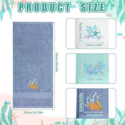 3 Pack Coastal Hand Towels for Bathroom 100% Cotton Embroidered Beach Bathroom
