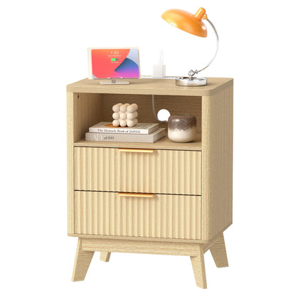 Turosur Night Stand with Charging Station, Fluted Nightstand with 2 Drawers, Wood Bedside Table with Open Storage, Modern Nightstands for Bedroom, Natural
