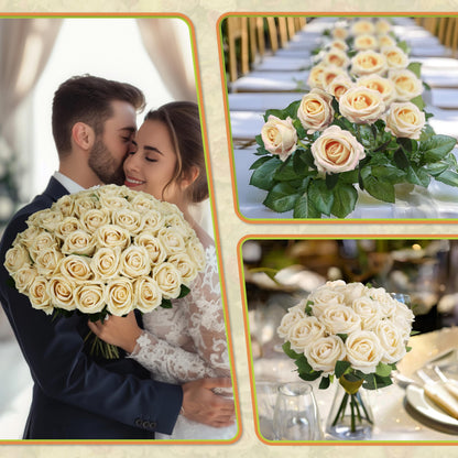 Jefuzh 50 PCS Fake Champagne Roses, Artificial Flowers Bulk Realistic Silk Faux Rose with Stems for Wedding Decorations, Bridal Bouquets, Mother's Day Thanksgiving DIY Floral and Home Decor