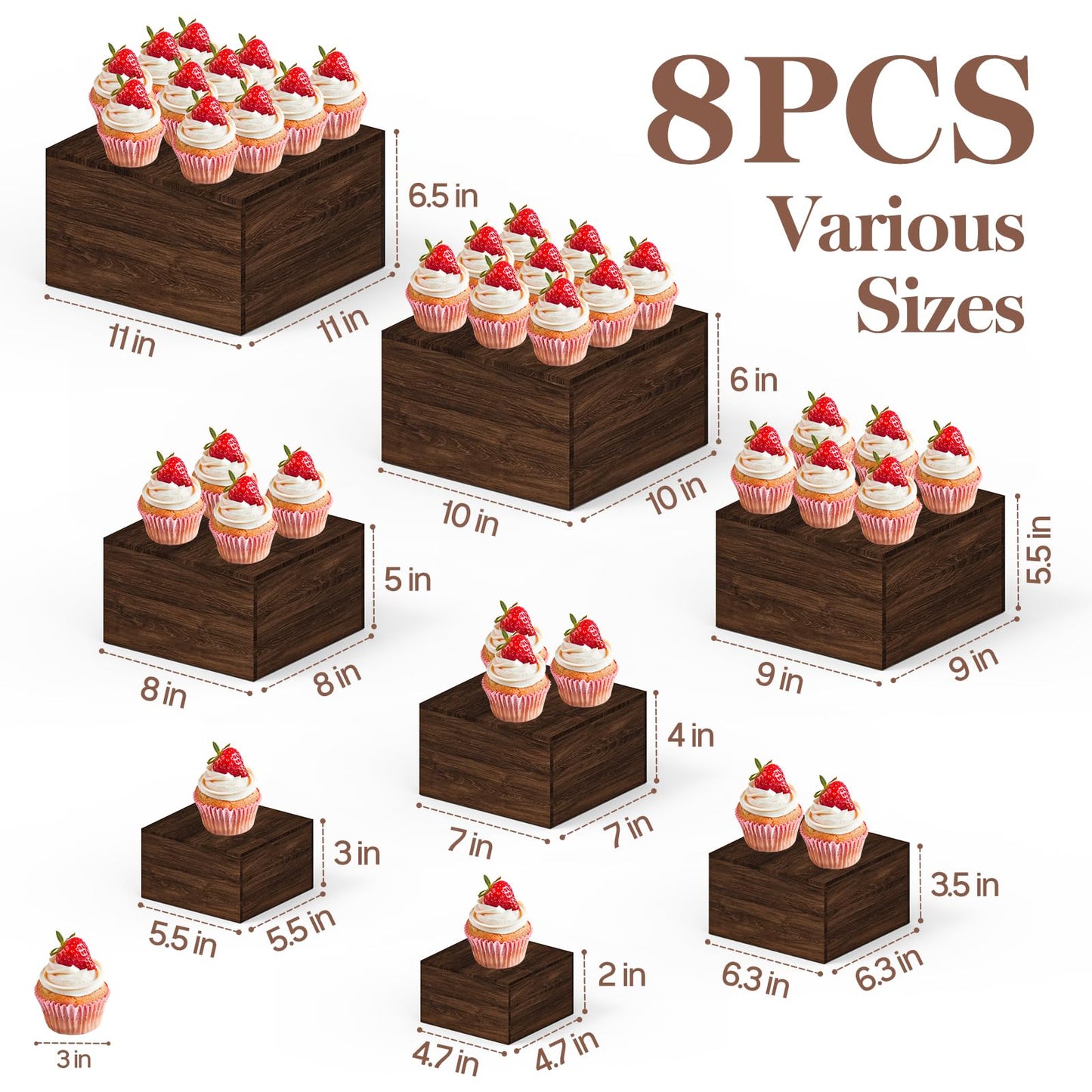 VANITURE 8 PCS Wooden Buffet Risers, Rustic Wood Cake Stands, Food Risers for Buffet & Dessert Table Display, Nesting Wooden Crates for Catering, Wedding, Party, Home Decor