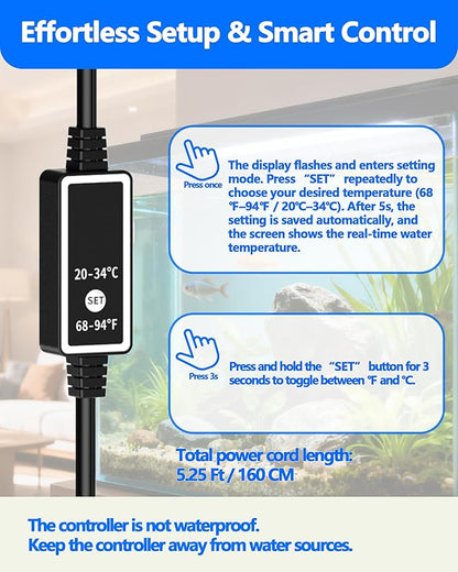 100W Titanium Aquarium Heater with LED Digital Display & External Controller – Submersible Fish Tank Heater, Precise ±1.8℉, IP68 Waterproof, for 10–25 Gallon Freshwater & Saltwater Tanks