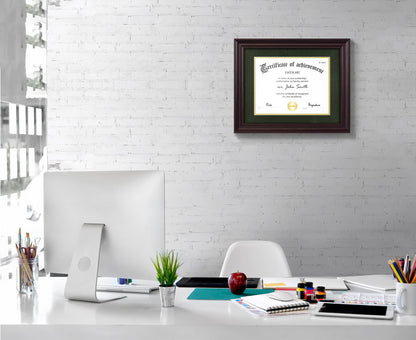 Yaetm 11x14 Diploma Frame, Certificate Frame with Tempered Glass, Display 8.5x11 Document with Dark Green Over Gold Acid-free Mat or 11 x 14 without Mat, Wide Molding (Single, Brown/Green)