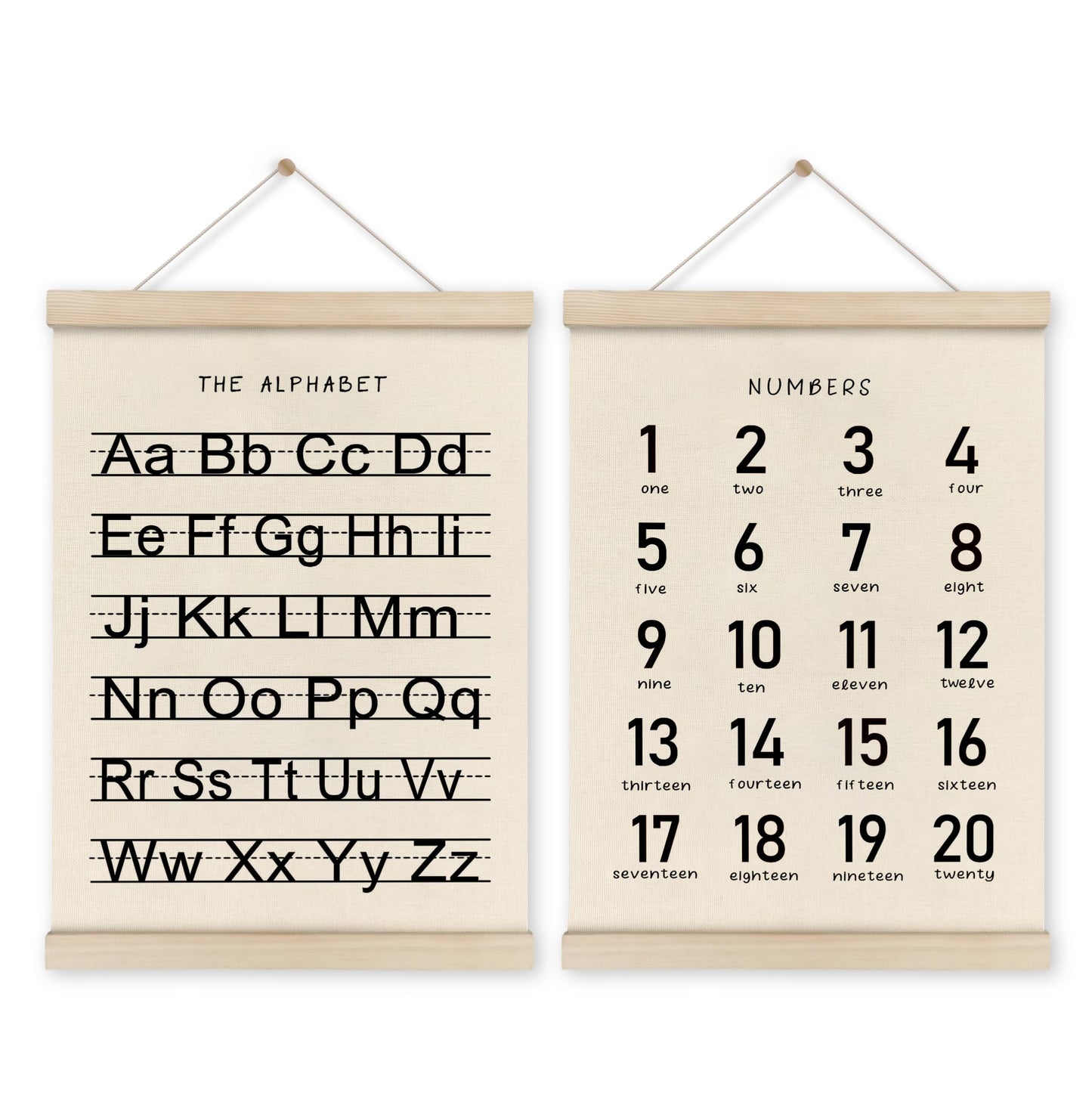 HRQKO Alphabet Numbers Poster Hanger Frame Set of 2, Nursery Wall Decor, Black ABC Poster Wall Art with Wooden Frames, Alphabet Banner Wall Hanging Decor for Boy Toddler Room Playroom, 12x16 Inch