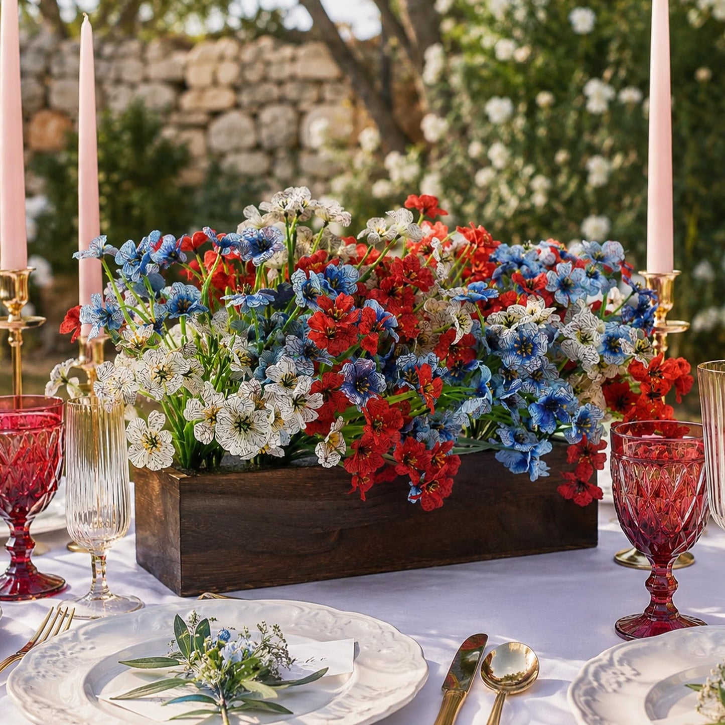 Red Wihte and Blue Flower Centerpieces for Table, 4th of July Artificial Flower Decorations 18Pcs UV Resistant Faux Violet Bouquet with Wooden Tray Patriotic Indoor Home Decor Living Room Kitchen