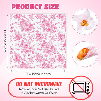 Marspark 100 Sheets Floral Wax Paper for Food Wrapping 11.4 x 11 Inches Spring Floral Food Basket Parchment Paper for Picnic Wedding Candy Cookies Baking Sandwich Burgers Greaseproof Wrapping(Pink)