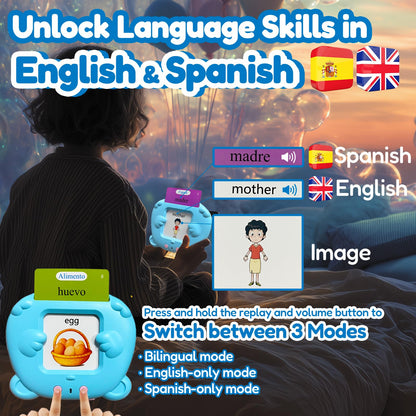 MoLingvora Bilingual Talking Flash Cards for Kids - Español Spanish English Flashcards Children Adults, 510 Sight Words, ABC Alphabet, Pocket Speech for Toddlers, Audible Sensory Toys (Spanish, Blue)