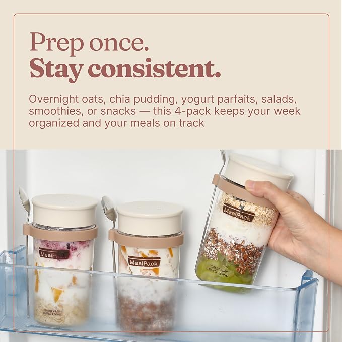 Overnight Oats Containers with Lids and Spoons – 17oz Glass Jars for Yogurt, Chia Pudding & Meal Prep – Leakproof Airtight Mason Jar Set – Portable Breakfast Food Storage with Cleaning Brush