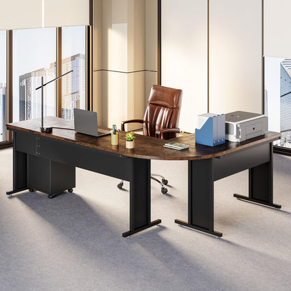 LITTLE TREE 83 Inch L-Shaped Office Desk with Drawers, Large Executive Office Desk with Storage, Wooden Computer Desk with File Cabinet, Modern Work Desk for Home Office, Brown