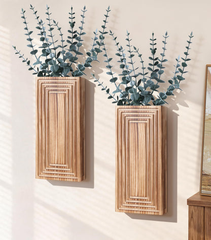 FancyPlus Wooden Wall Planter Vase, 2 Pack Brown Wood Hanging Vases with Fake Eucalyptus for Indoor Modern Boho Farmhouse Wall Art Decor for Home Indoor Kitchen Modern Farmhouse Bathroom
