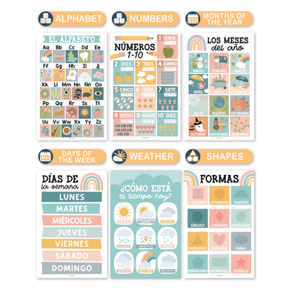 Hadley Designs Spanish Posters for Classroom - 12 Bilingual Educational Posters for Spanish Classroom Decorations Must Haves, Calendario y Alfabeto en Español Para la Pared, Boho Teacher Supplies
