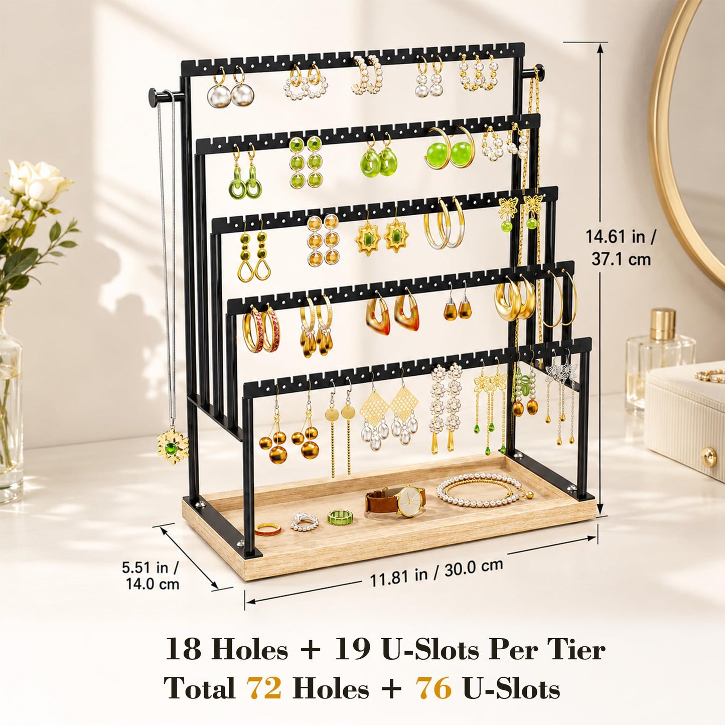 TIPSYTREE 5 Tier Earring Holder Organizer with Attached Wooden Tray, Large Earring Storage for Studs Hoops Dangle Earrings, Black Metal Earring Display Stand for Dresser or Vanity Table