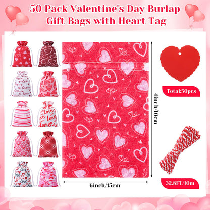 Sweetude 50 Pcs Valentine's Day Burlap Gift Bags with Heart Tag 4 x 6 Inch Small Drawstring Bags Reusable Goody Treat Pouches for Candy DIY Crafts Wedding Favors Party Supplies