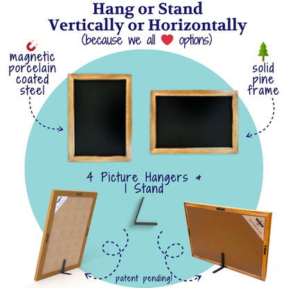Magnetic Chalkboard Sign Kit - 12x17 Framed Hanging or Tabletop Chalk Board with Easel Stand, Acrylic Markers, Design & Letter Stencils for Chalkboard Art, Kitchen Countertop Menu (Rustic Wood)