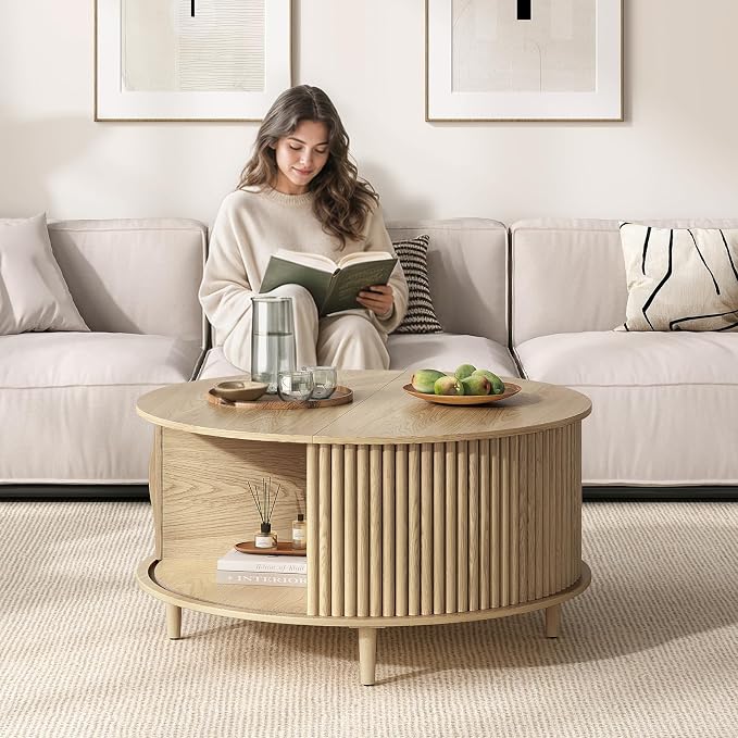 Round Coffee Table with Storage, 31.5" Mid Century Modern Coffee Table with Sliding Door & Solid Wood Legs, Minimalist Fluted Center Table for Living Room, Home Small Space, Oak