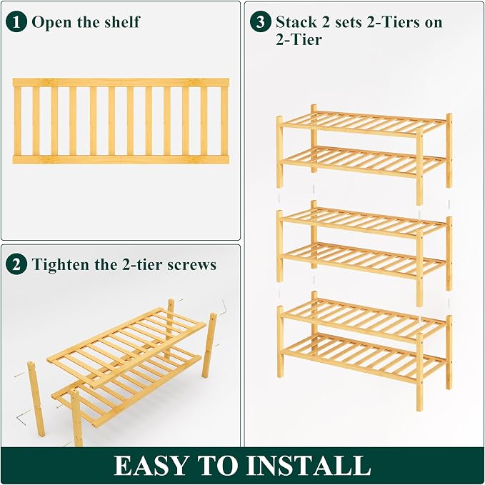 Smiry Bamboo Shoe Rack, 6 Tier Free Standing Wooden Shoe Organizer, Stackable Wood Shoe Storage Shelf for Closet, Entryway, 14 Vertical Slats, 2+2+2 Stack Heavy-Duty Legs, 26.8"x11"x39", Natural