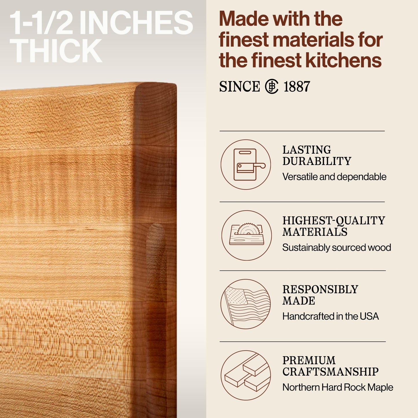 John Boos R-Board Series Rectangular Wooden Maple Cutting Board 18”x12” – 1.5” Thick, 10-lb Reversible Butcher Block with Edge-Grain & Finger Grips – Made in the USA