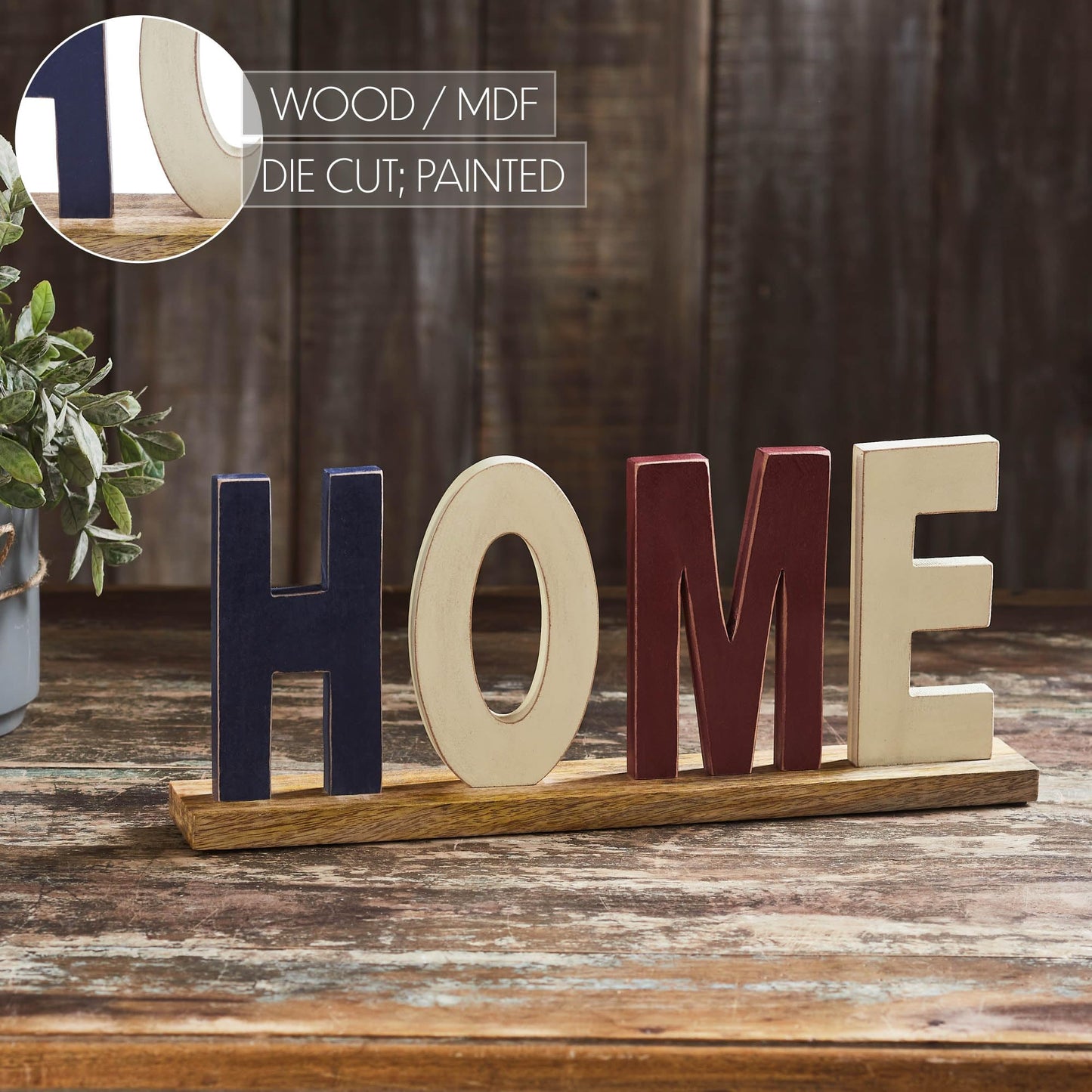 VHC Brands Patriotic RWB HOME Wooden Block 14x6.25x2.25, Independence Day Decor, Red, White and Blue Home, MDF Figurine, Rectangle Shape, Americana, Dark Creme