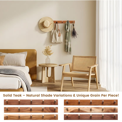 Cobnap Natural Teak Wall-Mounted Coat Rack (Set of 2, 16'' Hole to Hole) - Farmhouse Entryway Hooks with 5 Wooden Hooks Each, Rustic for Bathroom, Mudroom 2P