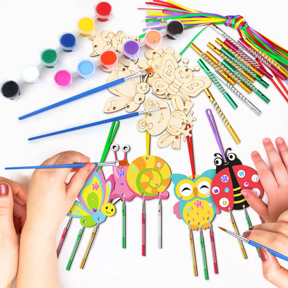 JellyArch 30 Pcs Spring Wind Chime Making Kit, DIY Wooden Spring Insect Craft Wind Chimes with Paint & Stickers, Craft Activity Creative for Church Party Windows Decoration