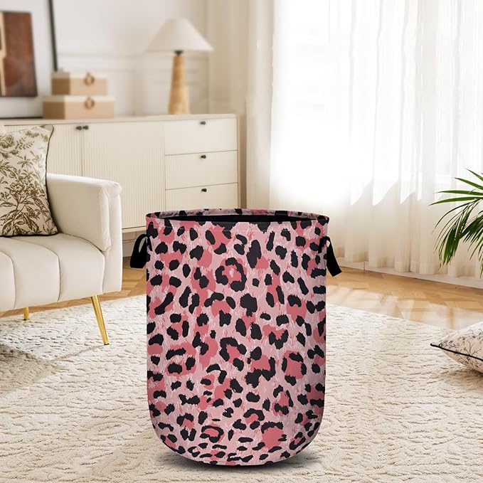Pink Leopard Laundry Basket, Laundry Hamper Collapsible Oxford Cloth