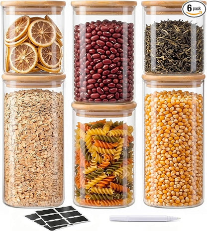 SENTVEND 24 Oz/ 37 Oz/ 51 Oz Glass Storage Jars with Bamboo Lids - 6 Pack Clear Glass Canisters Square Airtight Stackable Ideal for Pantry Storage Containers Great for Cereal Coffee Beans Snacks etc