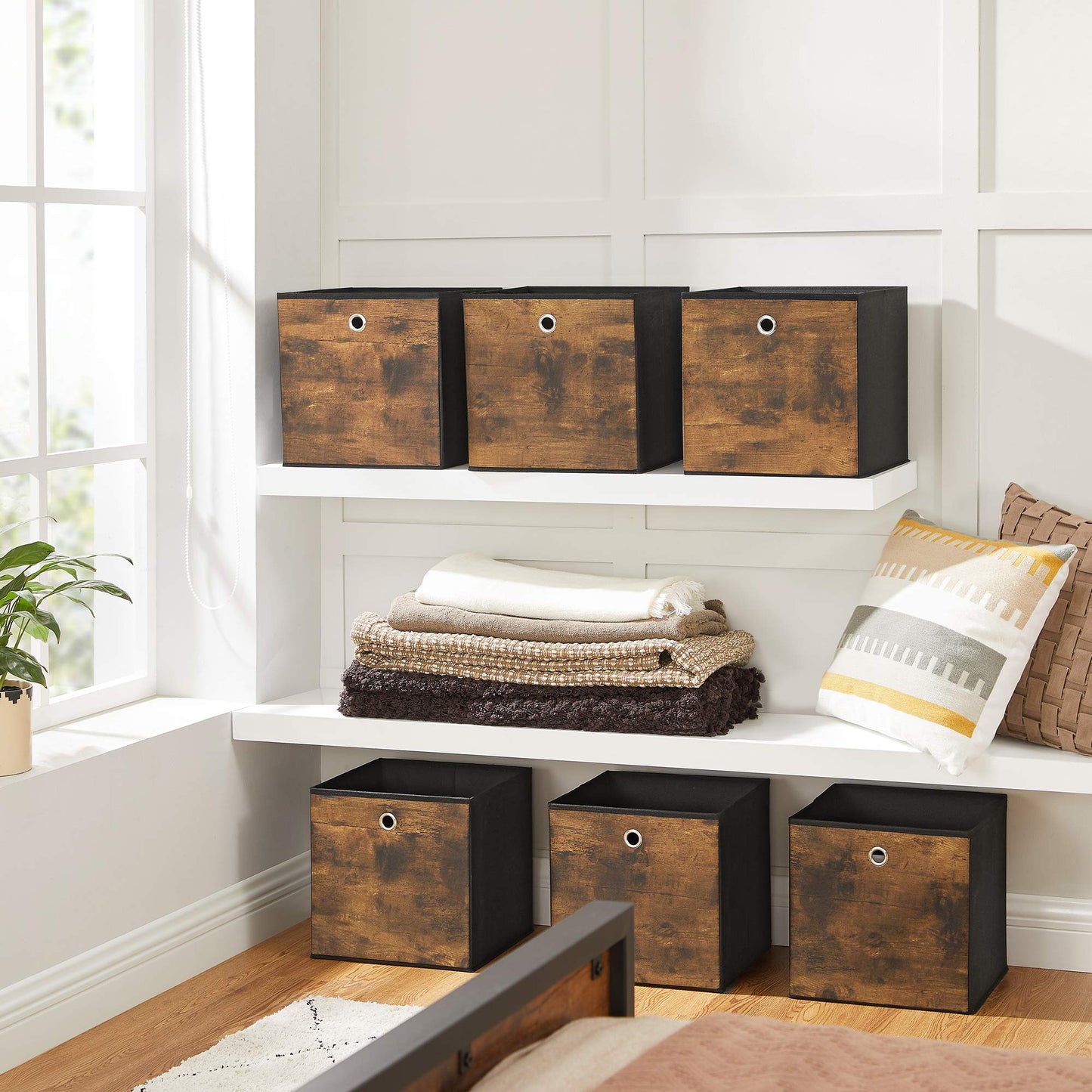 SONGMICS Storage Cubes, Set of 6 Storage Bins with Handles, Foldable Oxford Fabric and Non-Woven Fabric Storage Boxes, 11.8 x 11.8 x 11.8 Inches, Rustic Brown and Black URFB102B01