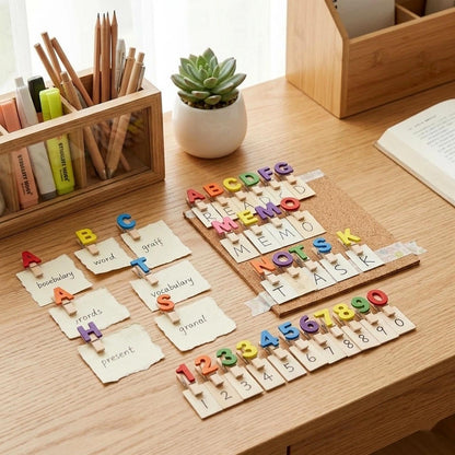 LOGOFUN 140 pcs Mini Wooden Clothespins Numbered and Letter Clips Hanging Photos Clamp Notes Cards Holders for Home Office Classroom Supplies (3.5cm)