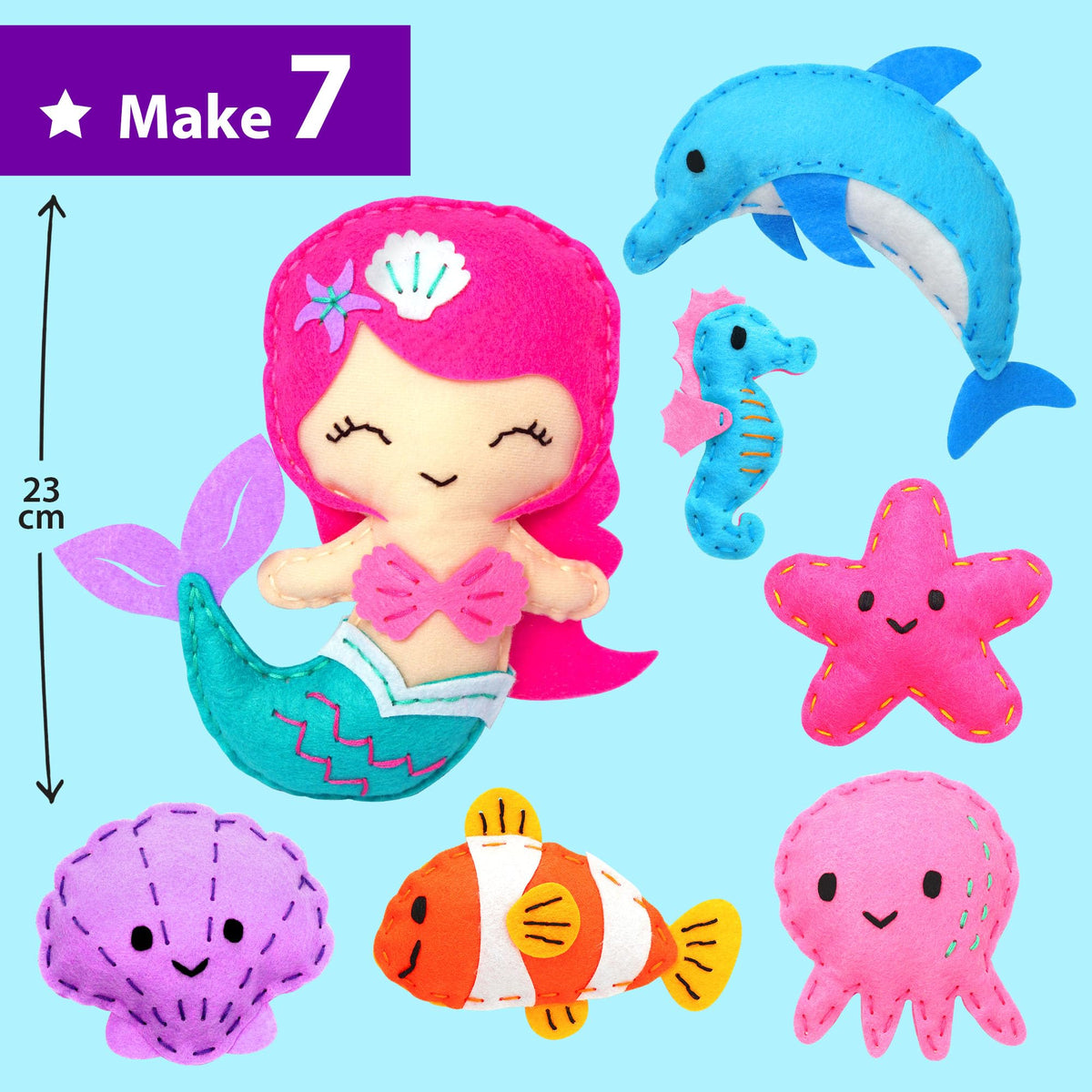 KRAFUN Mermaid Sea Animals Beginner Sewing Kit for Kids Art & Craft kit, Includes 7 Soft Plush Dolls, Instructions & Felt Materials for Learn to Sew, Embroidery Skills, Gift for Girls Educational