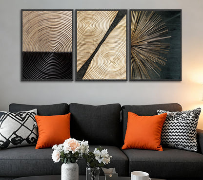 3Pcs Retro Wood Grain Canvas Wall Art Minimalist Black Gold Abstract Line Painting Pictures Wall Decor Neutral Geometric Beige Brown Poster Prints for Bedroom Office Decoration 12x16in Unframed