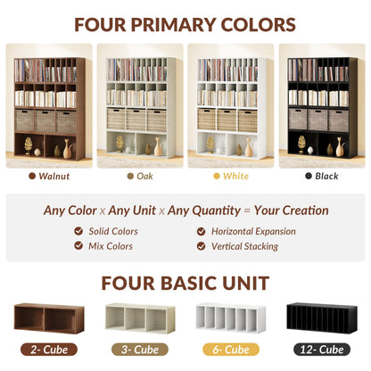 IOTXY DIY Modular Cube Bookcase - CubeXY Customizable Stackable Expandable Basic Shelving Units, 2-Cube Wooden Open Bookshelf for Miscellaneous Storage Organizer, Walnut