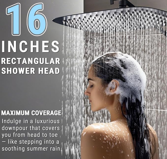 G-Promise All Metal 16 Inch Rain Shower Head with Massage Mode Handheld Spray Combo, 3-Way Diverter with Pause Setting, Full Body Coverage, Modern Bathroom Upgrade (Matte Black)