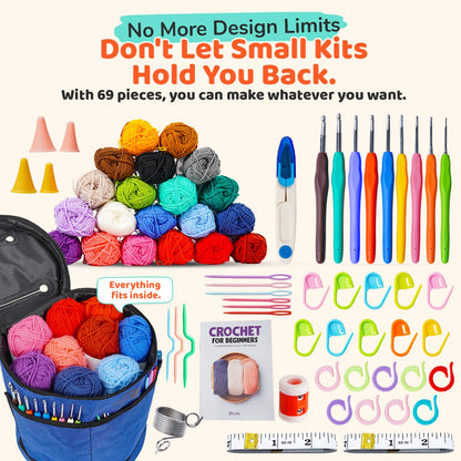 Crochet Kit for Beginners Adults & Kids | 69-Piece Complete Crochet Starter Kit 20 Yarn Colors 1120 Yards 9 Ergonomic Hooks | Learn to Crochet with Easy Step-by-Step Guide – Crocheting Supplies & Gift