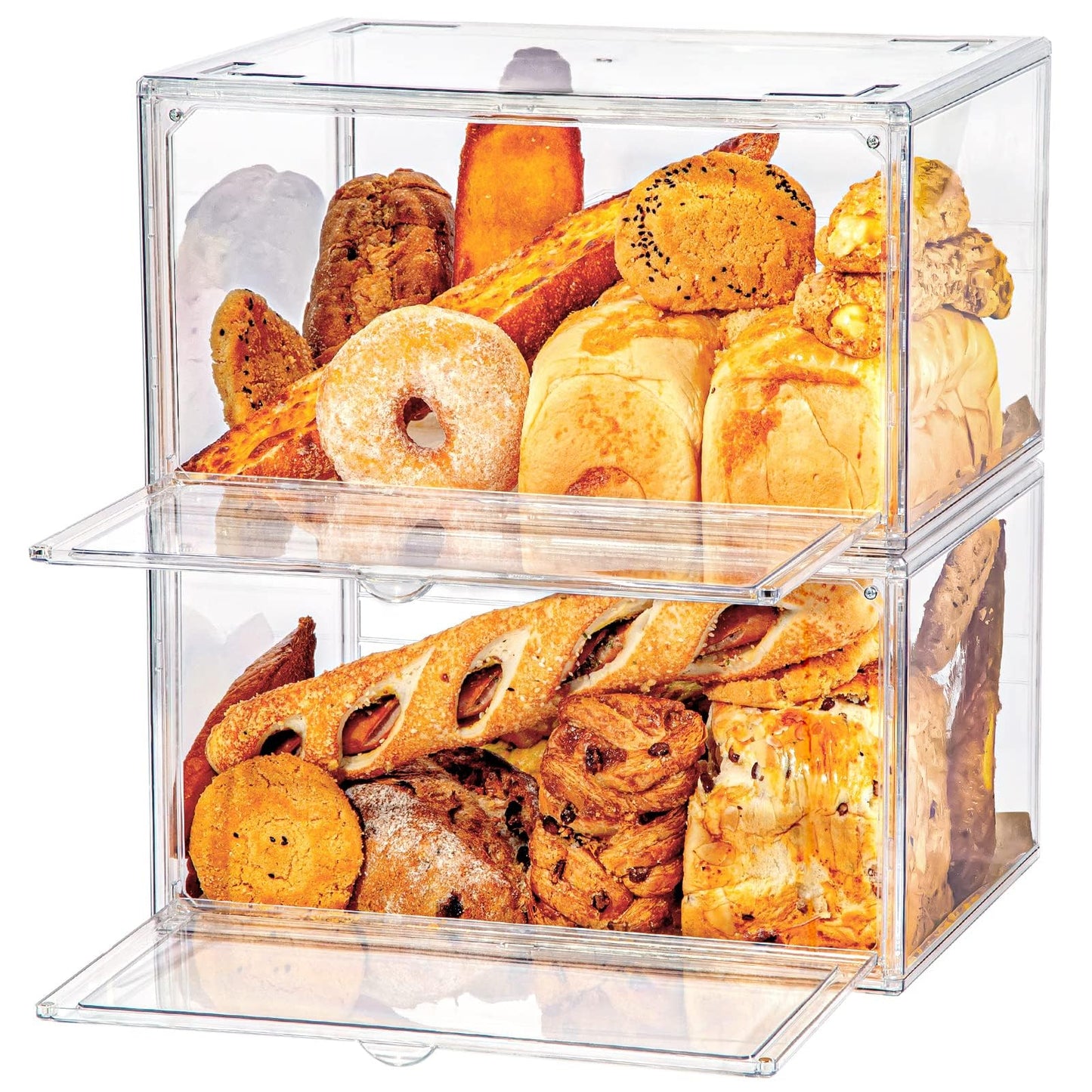 GROPKNIO Large Bread Box for Kitchen Countertop, Adjustable 2 Layers Bread Storage Container, Upgraded Clear Display Case for Bread Bagel Muffins Rolls Cake Collectibles Handbag Toys