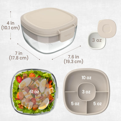 Bentgo Glass Salad Container - 7.6-Cup Salad Bowl with Airtight Lid, Leak-Proof Sauce Container, 4-Compartment Bento Tray & Reusable Fork - BPA-Free for Meal Prep, Office & More (White Stone Tan)