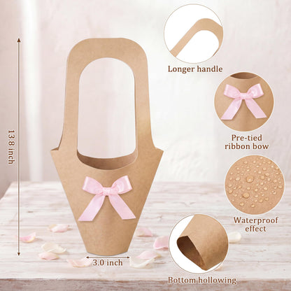 Mooliwe 20 Pcs Wedding Flower Bouquet Holder with Bow Flower Paper Gift Bags with Handles Kraft Packaging Wrap Bags for Florist Wedding Birthday Baby Shower Small Business Party Decor