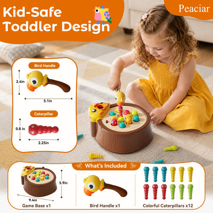 Peaciar Magnetic Bird Feeding Game - Woodpecker Worm Toy, Montessori Bug Hunt Toys for Kids Ages 3-5, Fine Motor Skills and Sensory Toddler Toys, Educational Learning Gift for Boys and Girls
