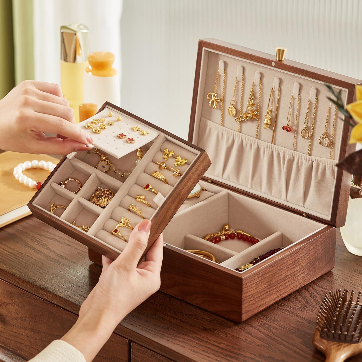 CHOSIN Black Walnut Wooden Jewelry Box for Women 2 Layer Jewelry Organizer with Removable Tray for Watches Rings Earrings Necklace Bracelets Storage, Ideal Gift for She, Fathers Day Gift