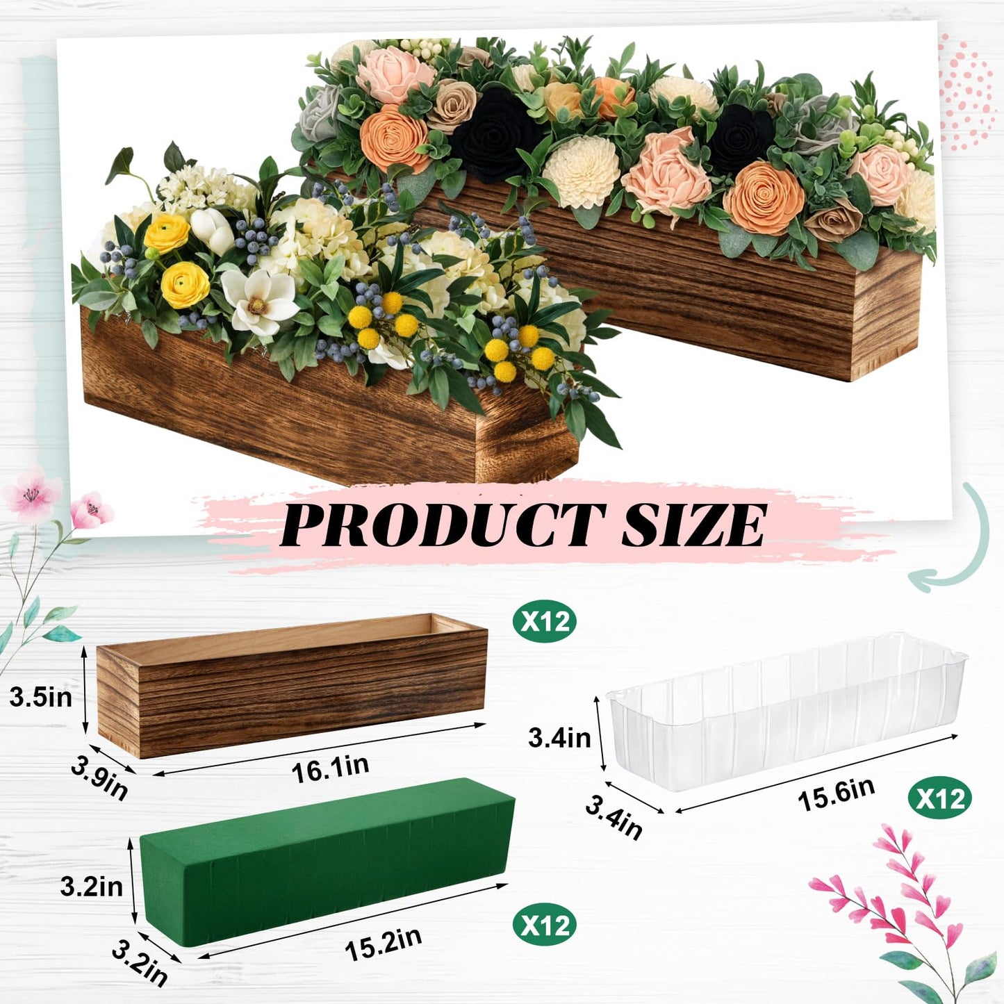 Dandat 12 Set Wood Boxes for Centerpieces 16x4 Inch Rectangle Wooden Planter Box Rustic Wood Planter with Removable Plastic Liner Floral Foam Blocks for Centerpieces Home Wedding Garden Decor