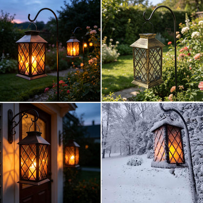 Solar Outdoor Lantern, Garden Hanging Waterproof Lanterns PVC Upgrade 3 LED Flickering Flameless Candle Decorative for Garden Women Mom Grandma Halloween Gifts (Grid Candle)