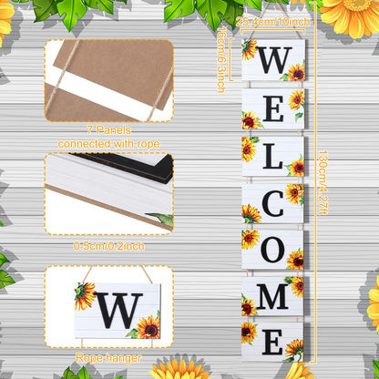 Threan 59 Inch Sunflower Welcome Signs Wooden Porch 3D Welcome Hanging Wall Rustic Wooden Signs with 7 Sunflower Panels Farmhouse Front Porch Summer Outdoor Decor Home Kitchen Garden