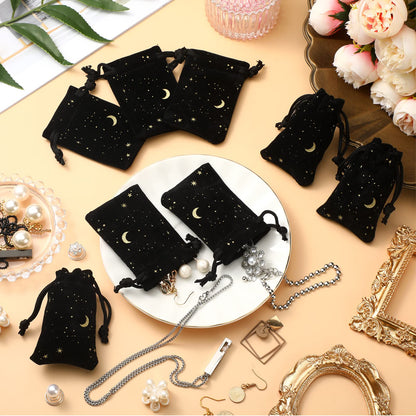 Hillban 30 Pcs 2 x 3 Inch Small Black Velvet Drawstrings Bags Bulk for Jewelry Moon Star Pouch with Drawstrings Jewelry Bags for Tarot Gift Packaging Graduation Wedding Anniversary Eid Mubarak