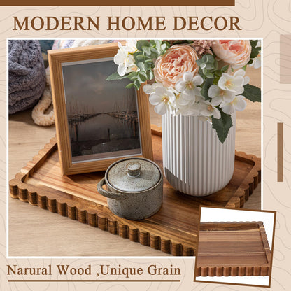 Lounsweer Acacia Wood Decorative Tray for Home Decor, 14'' x 10'' Wooden Serving Tray for Coffee Table Centerpiece Dining Kitchen Island Decoration Bathroom Counter Display