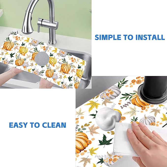 Thanksgiving Sink Faucet Absorbing Mat Pumpkin Floral Leaves Sink Splash Guard