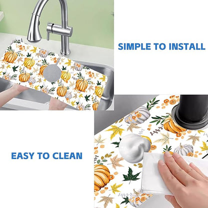 Thanksgiving Sink Faucet Absorbing Mat Pumpkin Floral Leaves Sink Splash Guard