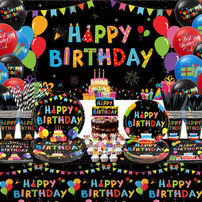 Obussgar Colorful Black Party Decorations - Black and Colourful Party Supplies including Backdrop, Plate, Cake Topper, Cup, Napkin, Balloon, Tablecloth - Serves 20