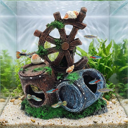 Mipukbay Fish Tank Decoration, Broken Ship Wheel & Cask Aquarium Decor Hiding Cave Ornament for Freshwater/Saltwater, Safe Landscaping Rock Resin Decoration for Betta Fish, Goldfish and Aquatic Pets