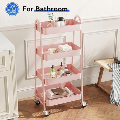 OLIXIS Metal 4 Tiers Utility Rolling Cart, Mobile Storage Shelf with Lockable Caster Wheels, Organization for Livingroom, Bathroom & Narrow Places, 4-Tier Pink