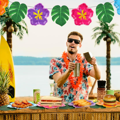 Motipuns 200 Pcs 9.05" Hibiscus Floral Paper Plates Bulk and Artificial Palm Leaves Luau Hibiscus Flowers Disposable Paper Plate Tropical Leaf Placemat Summer Hawaiian Safari Party Supplies Decoration