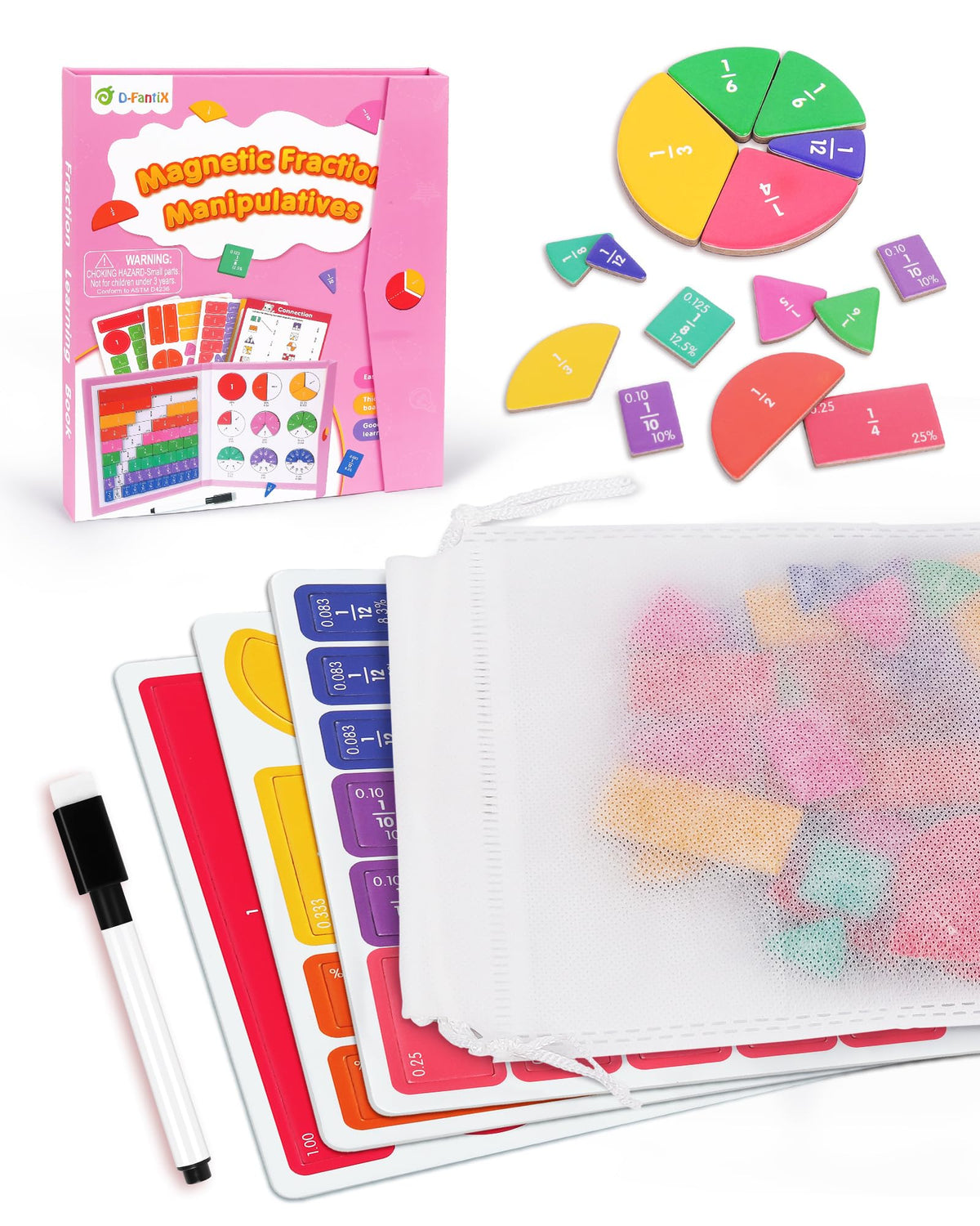 D-FantiX Magnetic Fraction Book, Magnetic Fraction Tiles & Fraction Circles Set, Math Manipulatives for Elementary School, Montessori Fraction Manipulatives Learning Tools for Kids